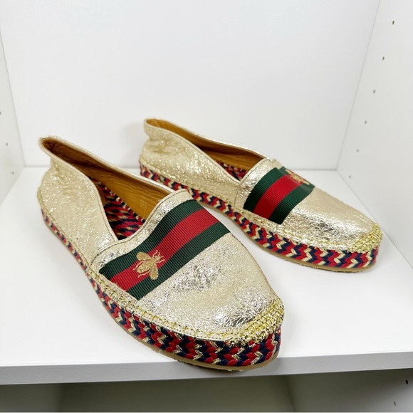 Gucci Metallic Gold Crinkled Leather Web Pilar Bee Espadrilles Flats 7 - Picture 6 of 10